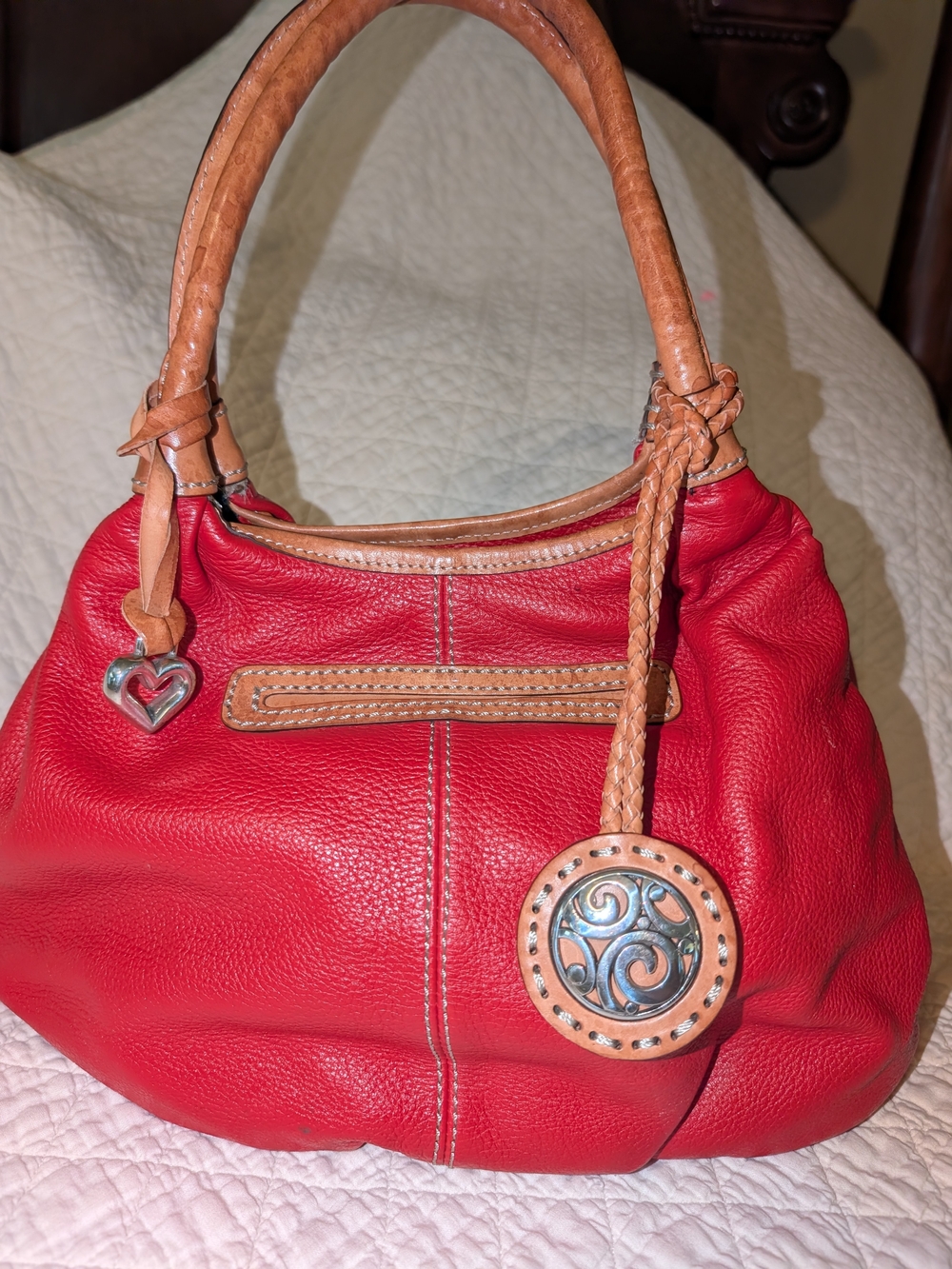 Red Leather Brighton Shoulder Bag with Tan Accents